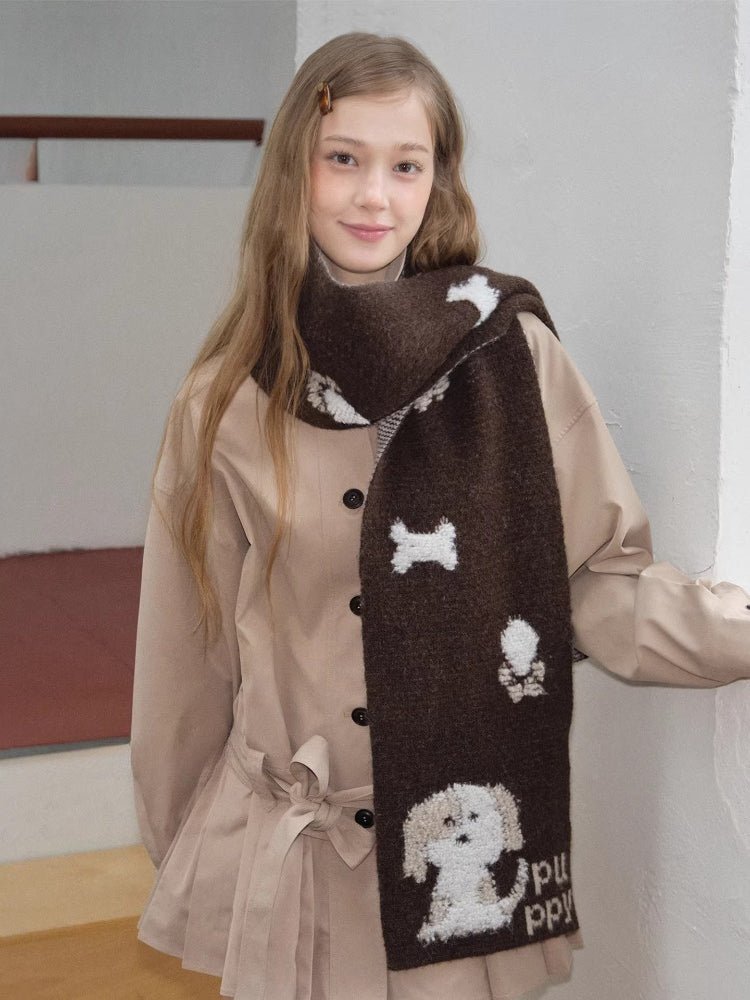 Cute Cartoon Puppy Thick Knit Winter Scarf - WEUXS