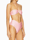 Back view of pink high waist bikini set with tie closure