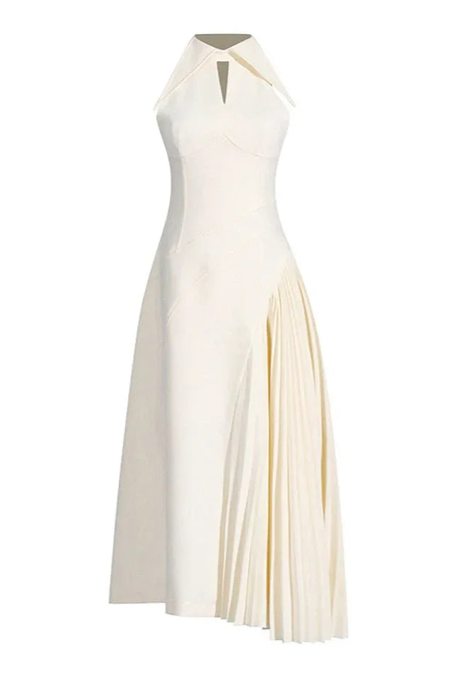 Elegant white halter neck midi dress with pleated skirt - View 6 | WEUXS