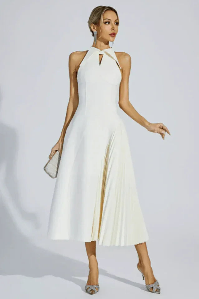 Elegant Halter Neck Midi Dress with Pleats Secondary image