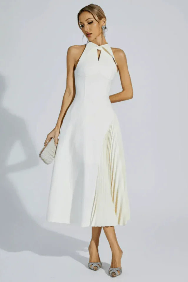 Full view of the white midi dress with flared and pleated skirt