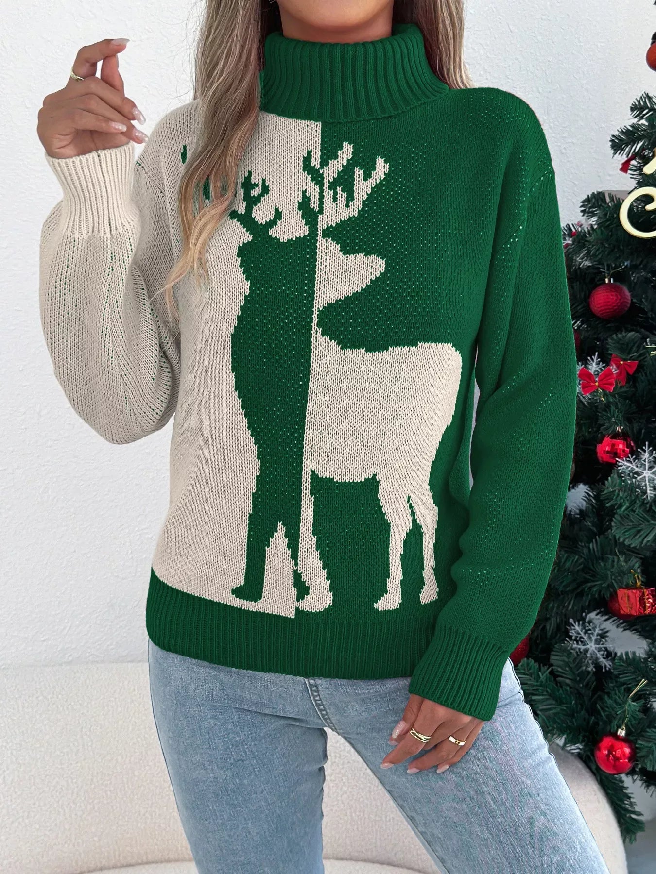 Festive reindeer turtleneck sweater with lantern sleeves