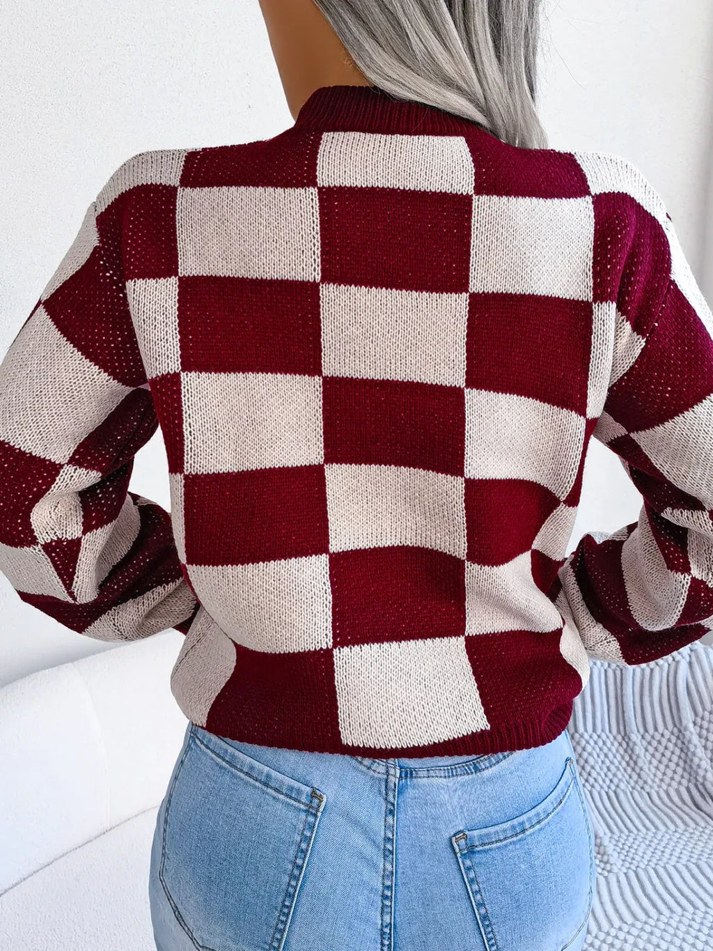Checkerboard Knit Pullover Sweater - View 18 | WEUXS