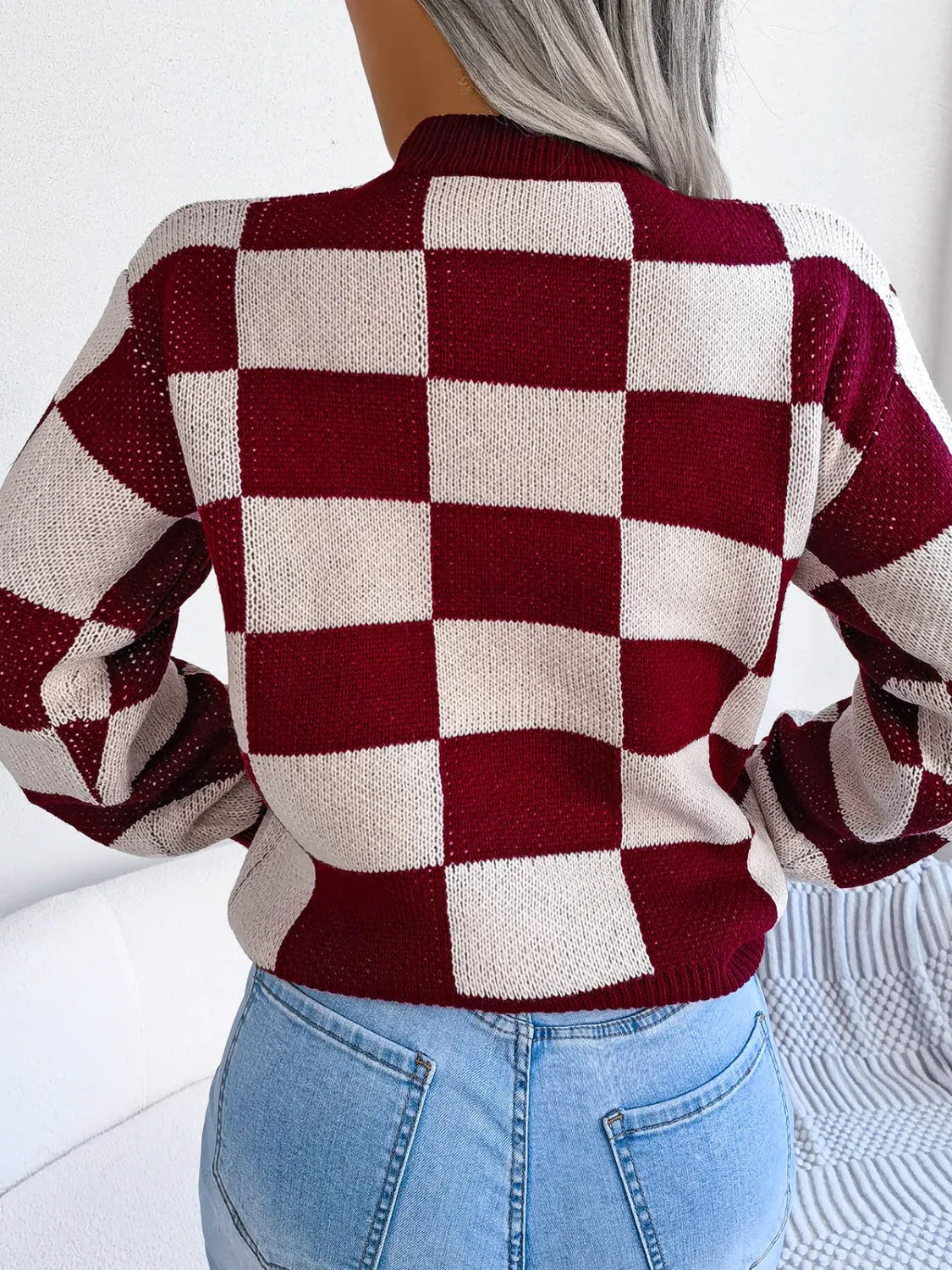 Checkerboard Knit Pullover Sweater - View 18 | WEUXS