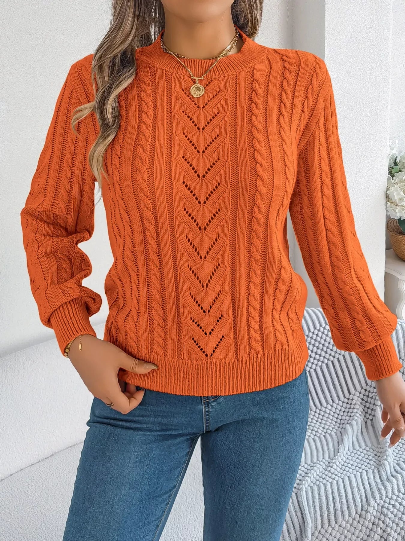 Women's Rust Cable Knit Sweater - WEUXS