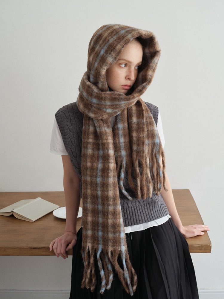 Oversized Plaid Wool Blend Scarf with Fringe - View 8 | WEUXS