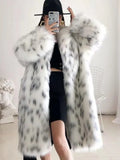Luxury Snow Lynx Pattern Faux Fox Fur Coatt - WEUXS