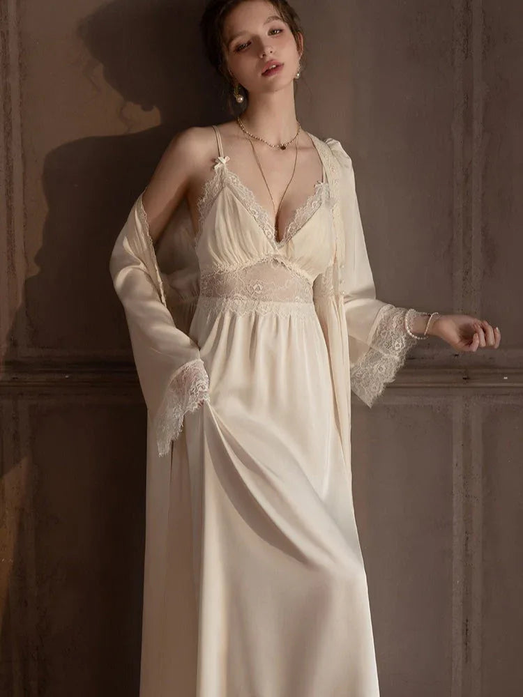 Satin lace robe and slip dress set - View 6 | WEUXS