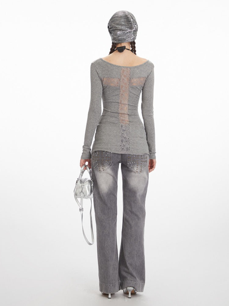 Y2K Grunge Lace Cross Back Long Sleeve Top