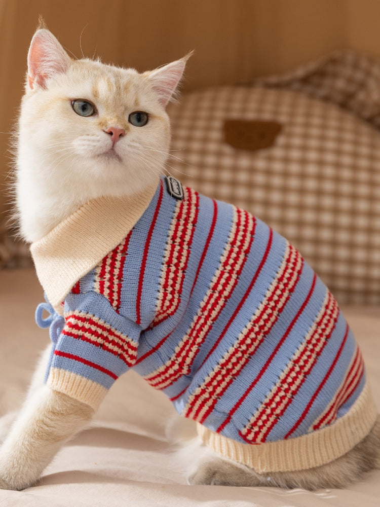 Side view of a cat wearing a blue and red striped knit sweater with a lace-up front and cream collar.