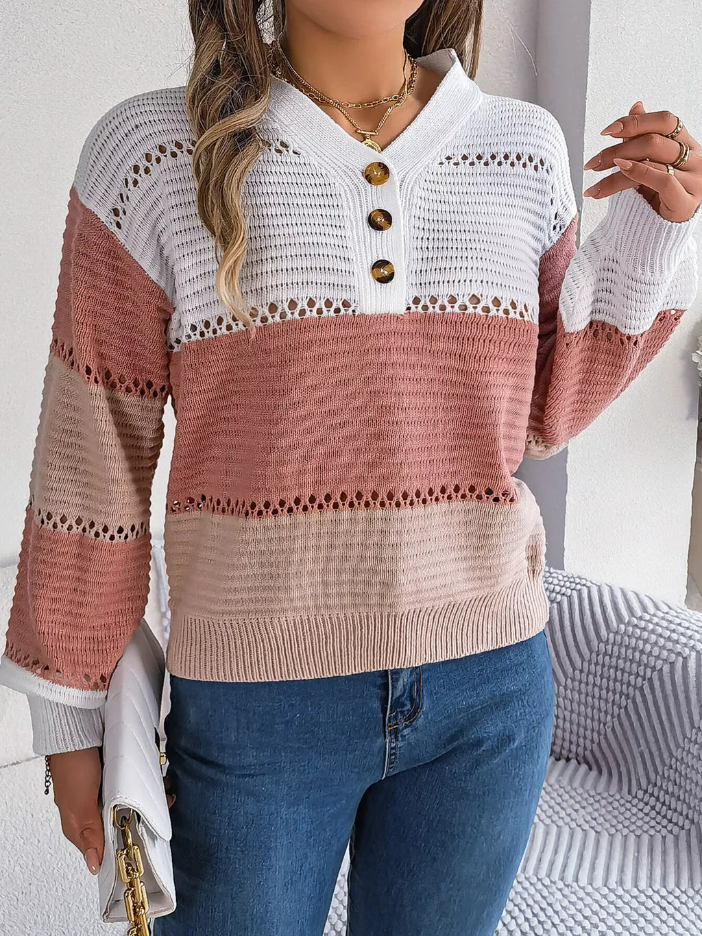 Color block knit henley sweater - View 13 | WEUXS