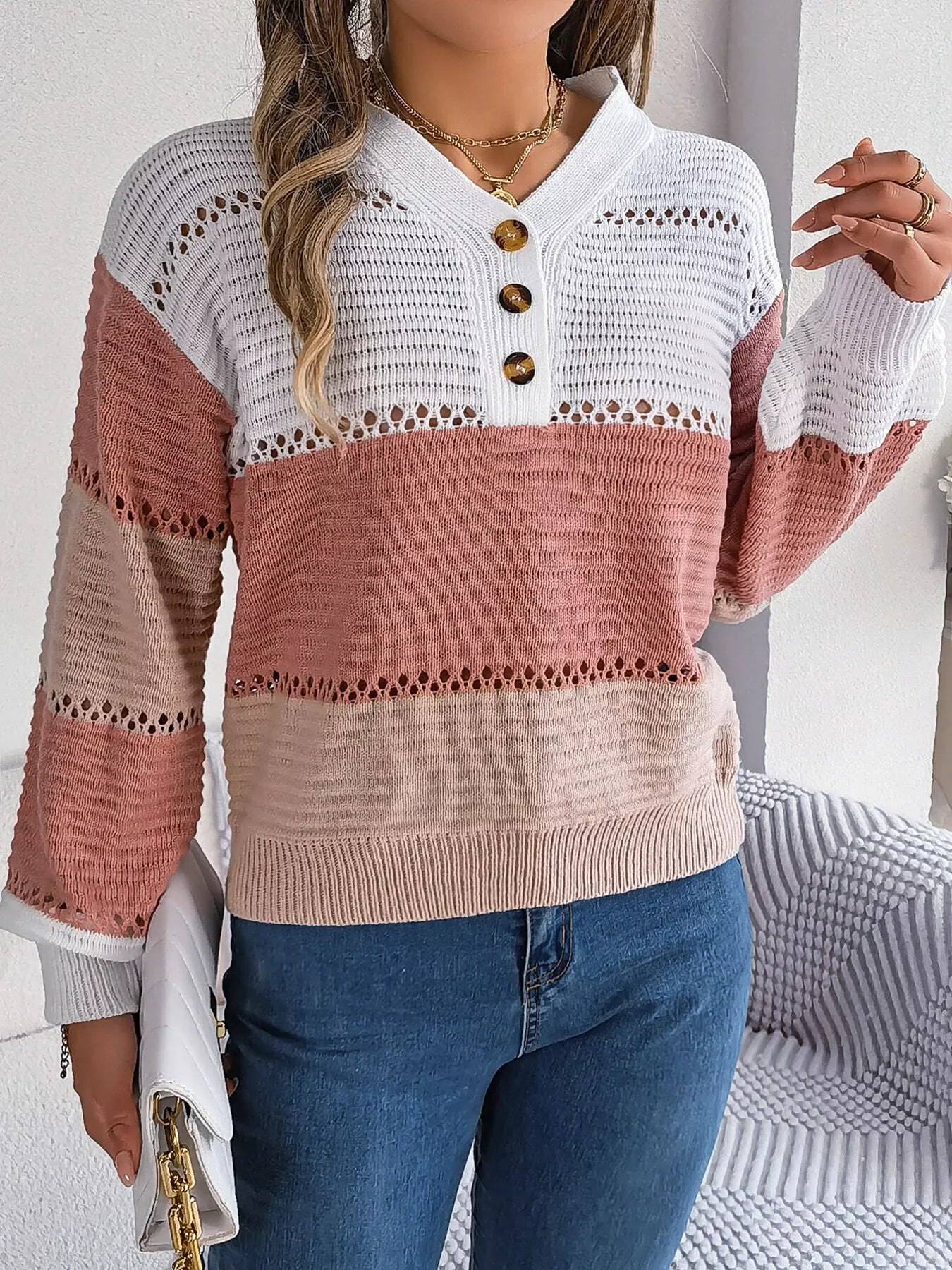 Color block knit henley sweater - View 13 | WEUXS