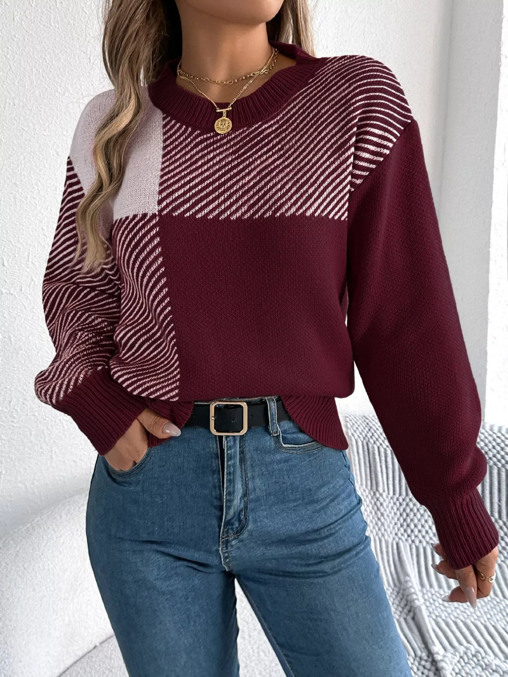 Modern Geometric Khaki Knit Sweater - WEUXS
