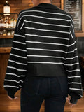 Vintage Black Striped Polo Collar Knit Sweater - WEUXS