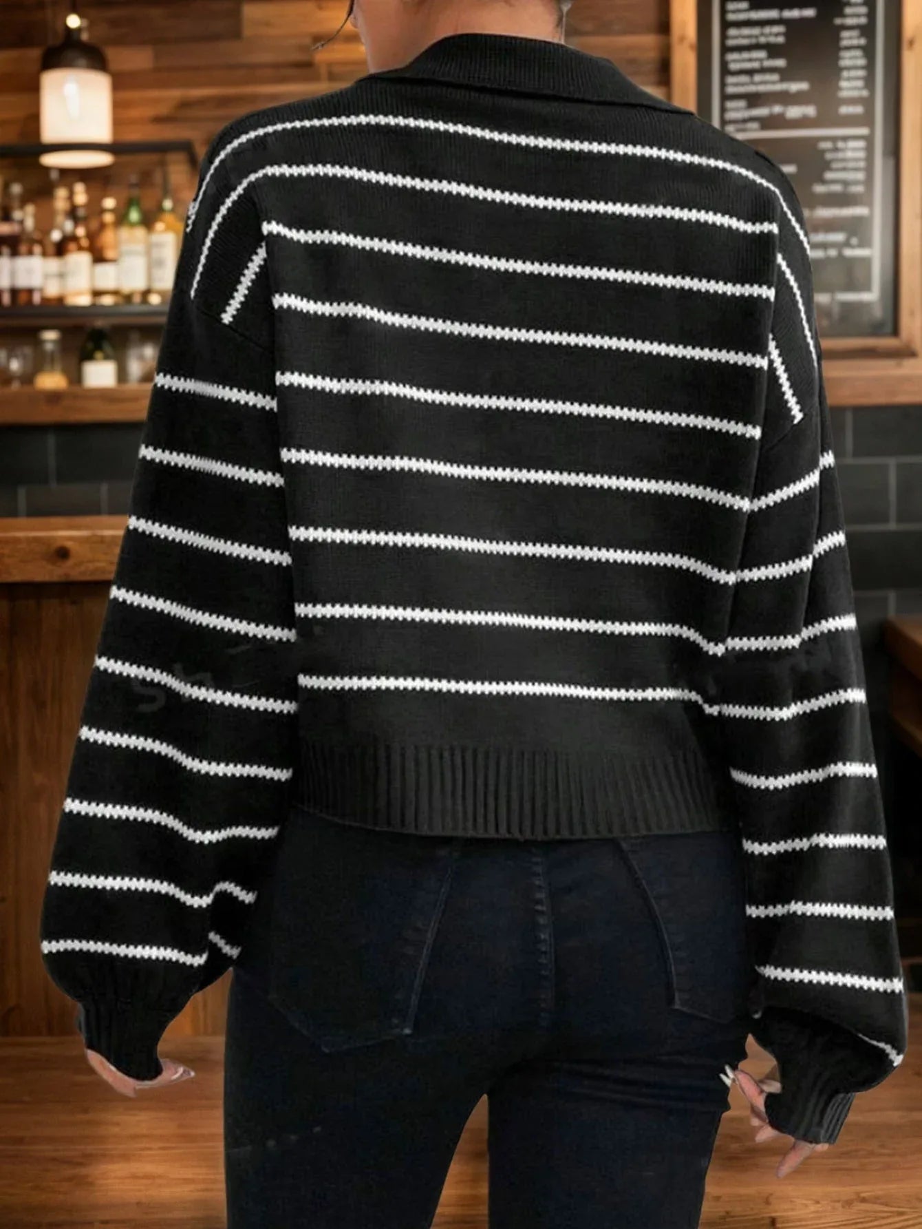 Vintage Black Striped Polo Collar Knit Sweater - WEUXS