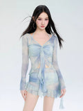 Purple and blue tie-dye long sleeve two-piece swimsuit - View 6 | WEUXS