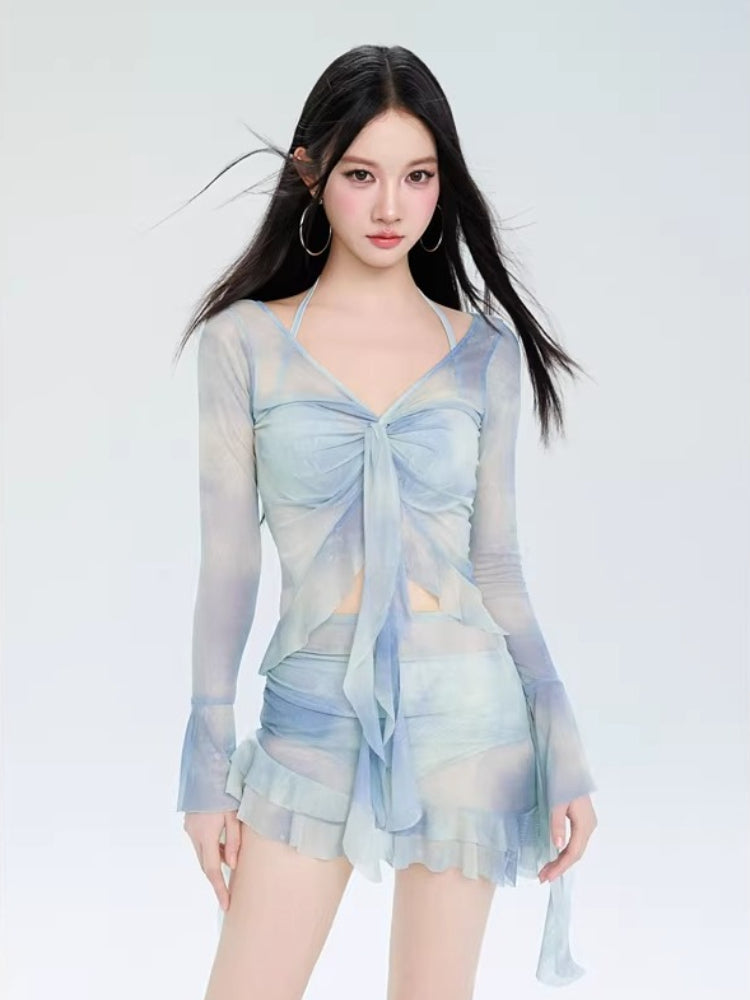 Purple and blue tie-dye long sleeve two-piece swimsuit - View 6 | WEUXS