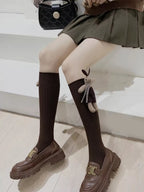 Brown ribbed cotton crew socks with 3D rabbit doll embellishment - View 8 | WEUXS