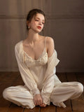 Lace Trim Satin 3-Piece Pajama Set - WEUXS