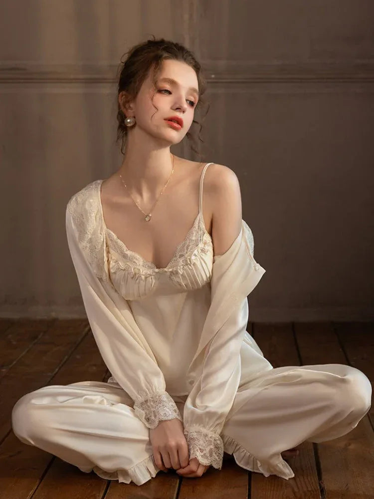 Lace Trim Satin 3-Piece Pajama Set - WEUXS