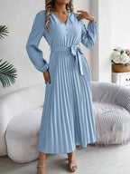 Vintage Khaki V-Neck Pleated Maxi Dress - View 9 | WEUXS