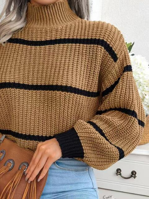 Striped mock neck lantern sleeve sweater - View 6 | WEUXS
