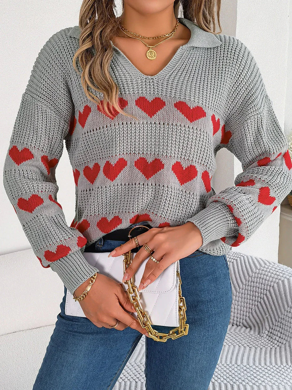 Collared Heart Print Knit Sweater - View 9 | WEUXS