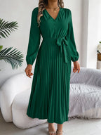 Vintage Khaki V-Neck Pleated Maxi Dress - WEUXS