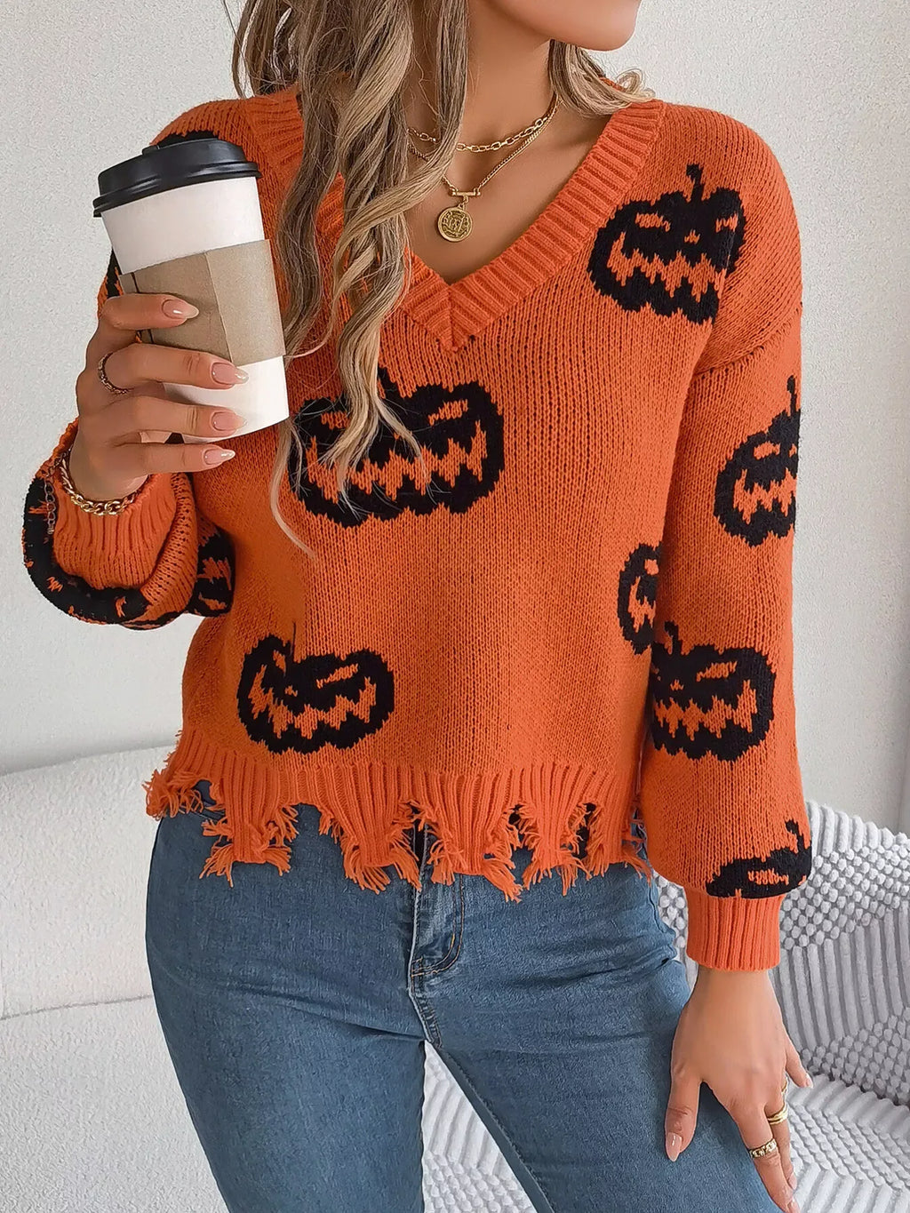 Edgy Distressed Pumpkin Knit Sweater - WEUXS