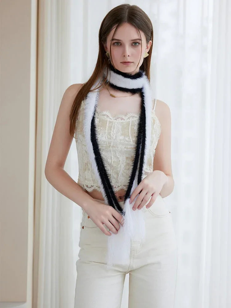 Black & White Faux Mink Skinny Scarf - WEUXS