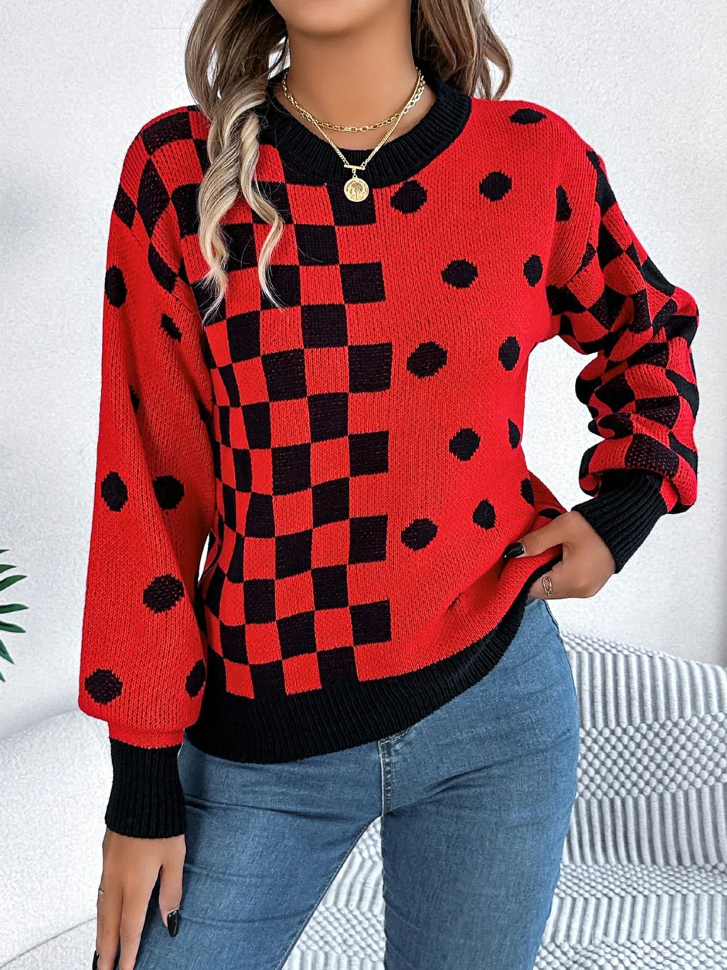 Gray polka dot checkerboard knit sweater - View 7 | WEUXS