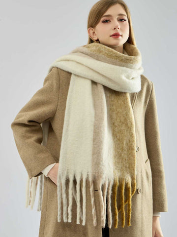 Oversized Boucle Knit Scarf with Fringe