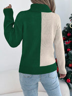 Back view of a woman in a festive reindeer knit sweater