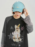 Side view of the woman, highlighting the striped sleeves and relaxed fit of the t-shirt.