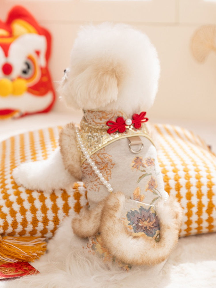 Dog wearing a festive vest with ornate patterns and faux fur accents, viewed from the back.