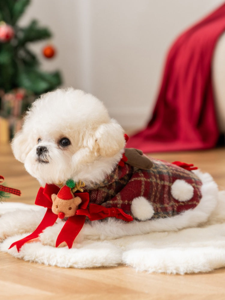 Red plaid Christmas pet cape with reindeer hood - View 6 | WEUXS