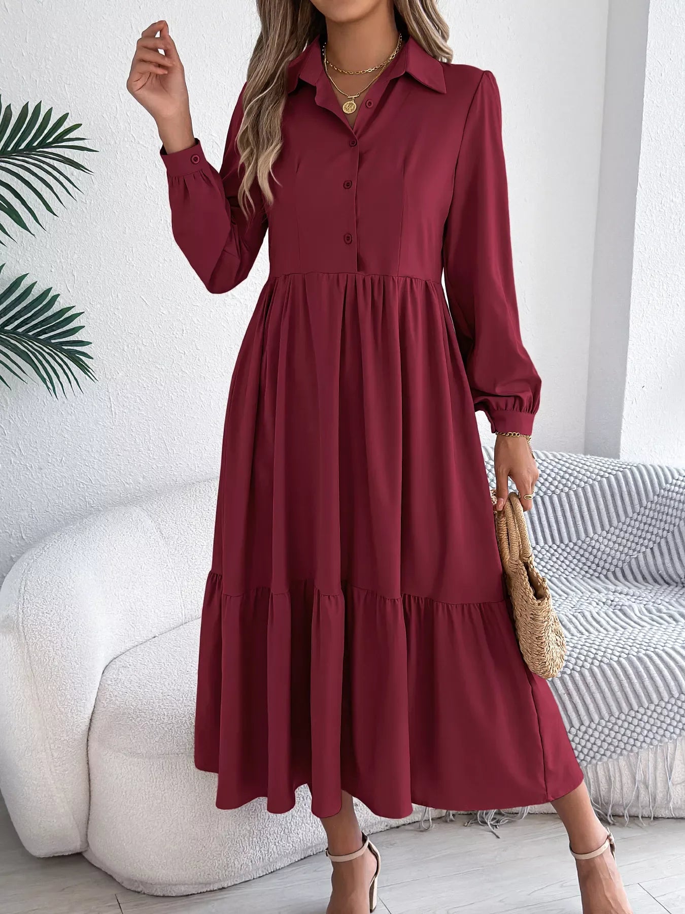 Navy Blue Ruffled Tiered Shirt Dress - View 28 | WEUXS