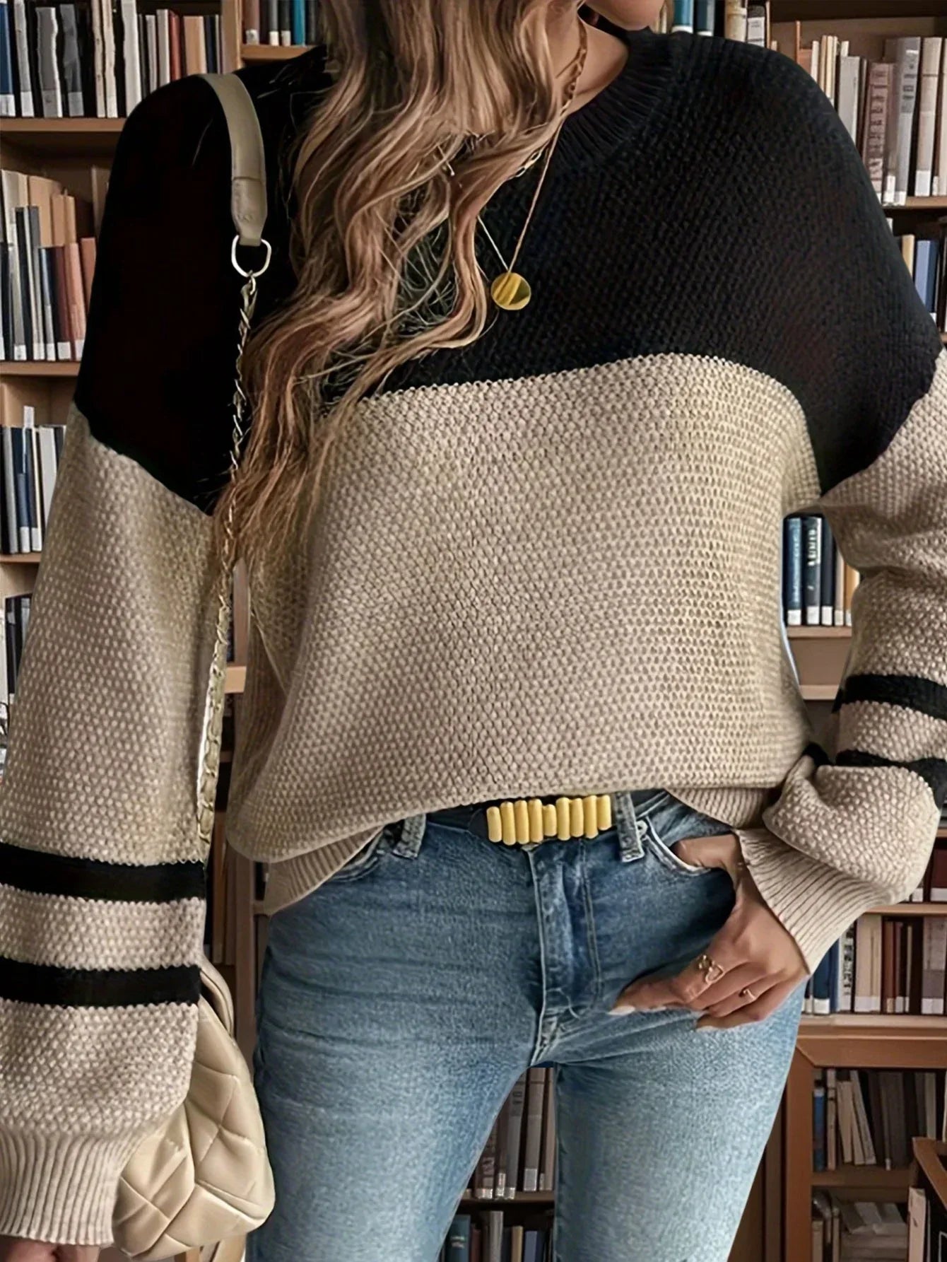 Textured Knit Sweater with Color Block Design Secondary image