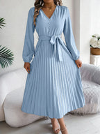 Vintage Khaki V-Neck Pleated Maxi Dress - View 7 | WEUXS