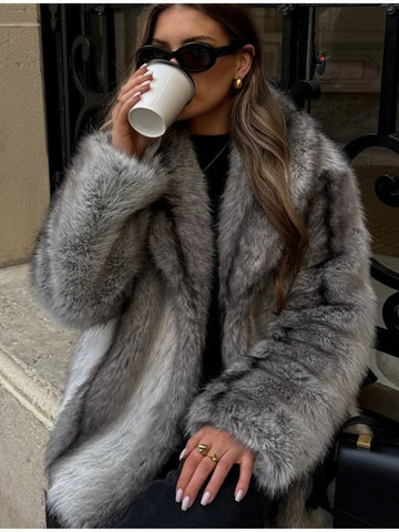 Opulent Silver Fox Style Faux Fur Coat - WEUXS