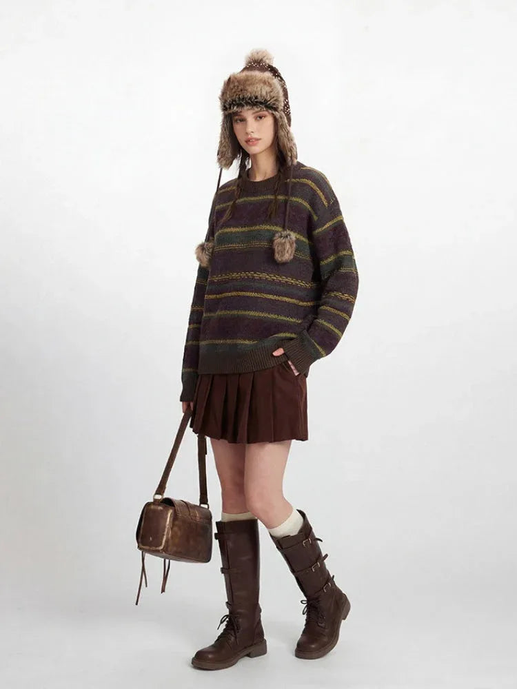 Woman wearing a striped knit sweater with faux fur pom-poms, a brown corduroy pleated skirt, white knee-high socks, brown leather boots, and a matching faux fur hat with ear flaps.