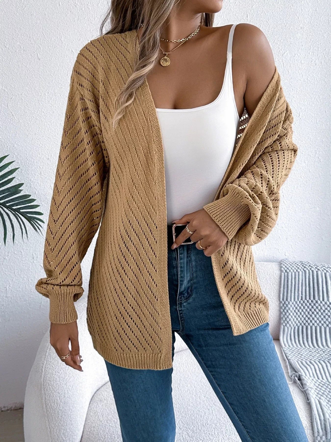 White pointelle knit cardigan - View 13 | WEUXS