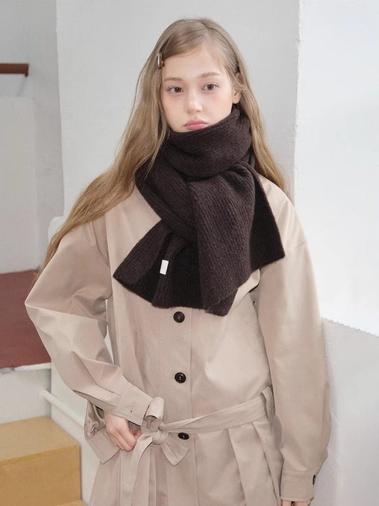Dark Brown Wool Blend Ribbed Knit Scarf - WEUXS