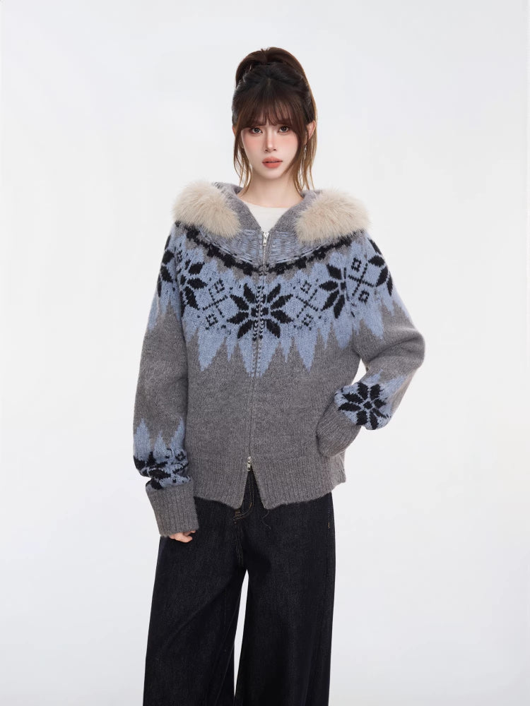 Fair Isle Hooded Knit Cardigan