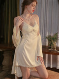 Vintage Cream | Twist-Front Lace & Mesh Satin Robe Set - WEUXS