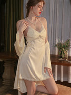 Vintage Cream | Twist-Front Lace & Mesh Satin Robe Set - WEUXS