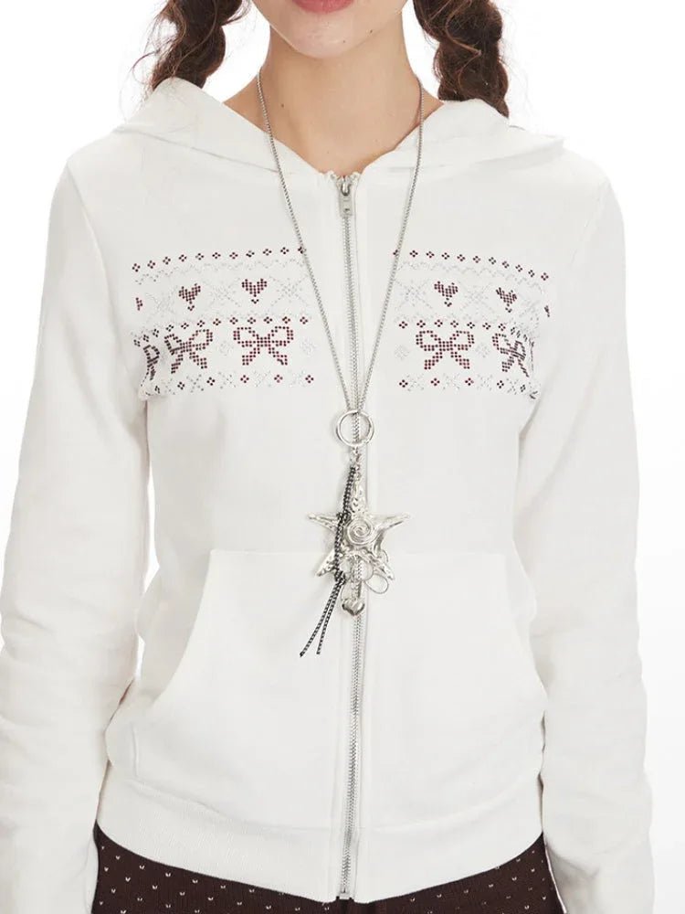 Rhinestone Zip-Up Hoodie with Bow Detail - View 6 | WEUXS