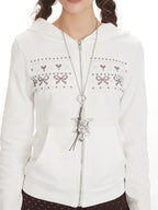 Rhinestone Zip-Up Hoodie with Bow Detail - View 6 | WEUXS