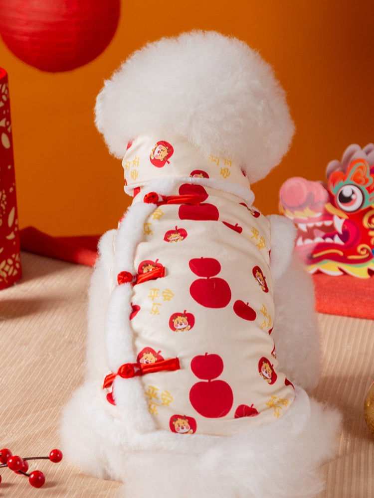 Rear view of a Bichon Frise dog in a cream pet vest with apple and character prints and red knot buttons
