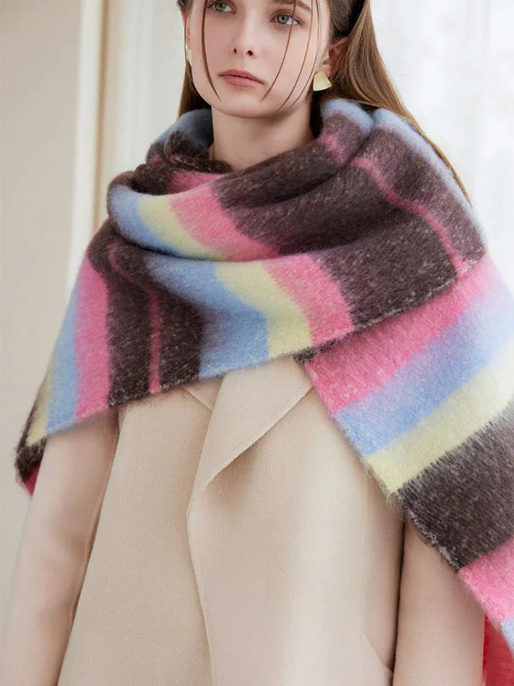 detail of the soft knit texture of a block stripe scarf
